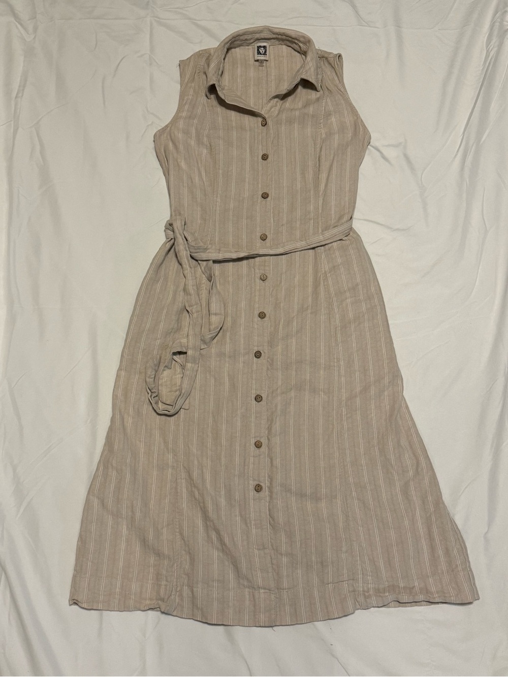 Anne Klein Sleeveless Button-Front Midi Dress in Beige Stripe
